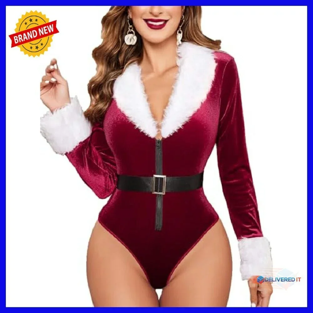 Long Sleeve Velvet Teddy Bodysuit with Belt, Snap Crotch, Holiday Lingerie